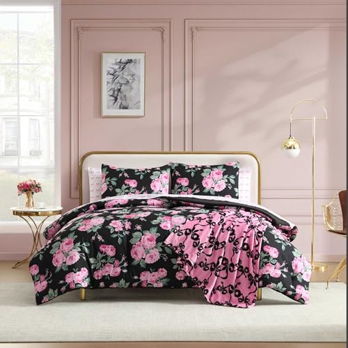 Betsey Johnson - Queen Bedding Set Wrinkle-Resistant 8 Piece Bed Set Ultra-Soft Comforter w/Matching Bed Sheets Pillowcases & Throw Blanket Lightweight for All-Season Comfort (Garden Floral Pink)