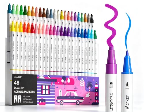 Image of JusArt Acrylic Paint Markers 48 Colors, Dual Tip Art Supplies for Rock | Acrylic Markers for Kids, Paint Pens for Wood Glass Fabric, School Supplies & Classroom Must Haves, Great Gift for Artists.
