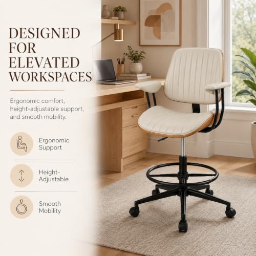 Image of Drafting Chair for Standing Desk, Arms Tall Office Chair with Bentwood Backrest, Adjustable Height, Footrest Ring and Swivel Seat, PU Leather (Ivory)