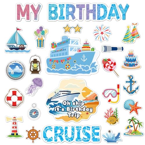 26 PCS Birthday Cruise Door Magnets Decorations Reusable Ocean Ship Door Magnetic Magnets Funny Carnival Ship Door Stickers for Cabin Fridge Car Happy Birthday Summer Party Supplies