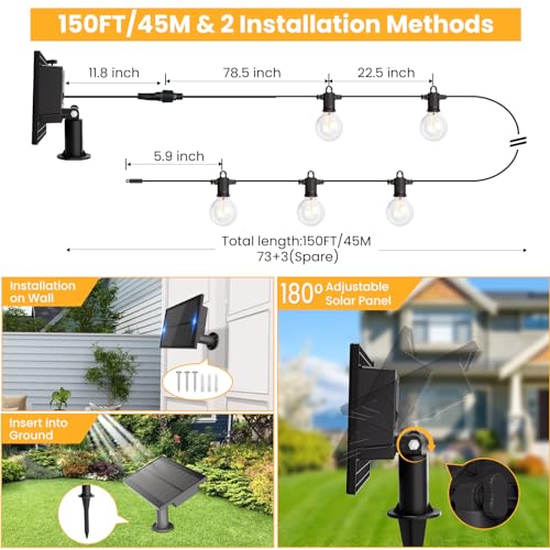 ZOTOYI 150FT Solar String Lights Outdoor Waterproof with USB Port, 73+3 Shatterproof G40 Bulbs, 4 Light Modes Dimmable Solar Powered Patio Lights for Outside Deck Backyard Porch by ZOTOYI - Image 3