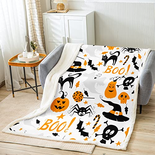Kids Halloween Throw Blanket for Kids Room Cartoon Cat Bat Plush Pumpkin Lantern Bed Blanket