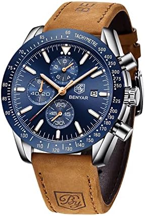 BY BENYAR Mens Watches Analog Watch for Men Sport Work Waterproof Blue Chronograph Watches Stylish Classic Men's Wrist Watches with Leather Band Unique Gifts for Men