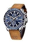 BY BENYAR Relojes Hombre Cronógrafo Analógico Movi...: ELEGANTE DISEÑO: Este es un reloj de diseño elegante y clásico hombre. ¡45MM cara grande hermosa y exquisita con tres sub-esferas funcionales y visualización de la fecha, números taquimétricos en el bisel, con una correa de cuero de moda, movimiento ...