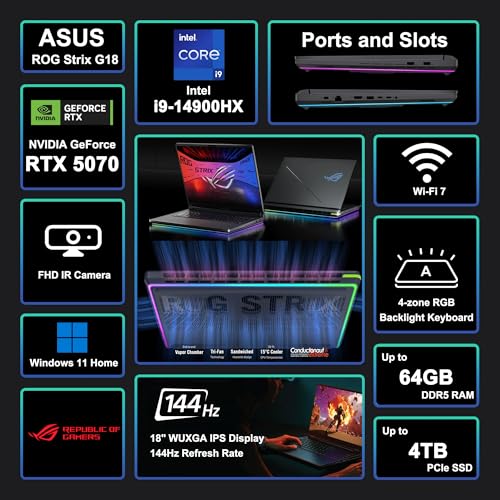 ROG Strix G18 G815 Gaming AI Laptop 18" WUXGA 144Hz (100% sRGB) Intel 24-core i9-14900HX 64GB RAM 4TB SSD GeForce RTX 5070 GDDR7 (fino a 798 AI Tops) RGB retroilluminato WiFi7 Win11 ICP Mozzo - Notebook - Immagine 2