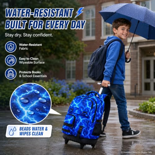Image of CCJPX Rolling Backpack for Boys, 3Pcs Roller Wheeled School Bookbag, Lightning Wheels Backpacks with Lunch Box for Kids (Blue)