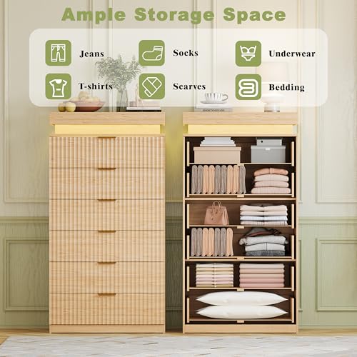 Image of Tall 6 Drawer Dresser with LED Lights and Charging Station, 53 inch Tall Fluted Dresser for Bedroom, Modern Wood Chest of Drawers for Closet Organizer Cabinet for Living Room, Natural Oak