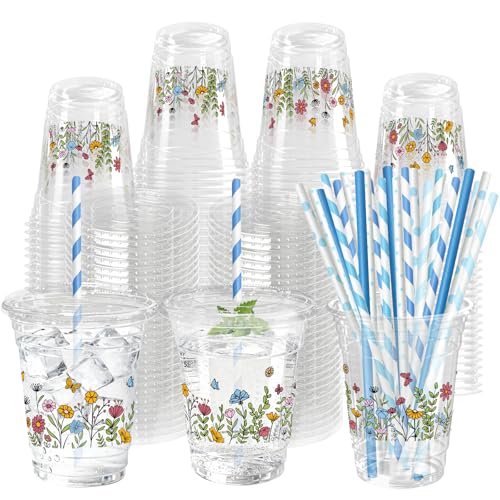 KOPOOEOE 50 Sets Wildflower Plastic Cups with Lids Straws 12 oz Floral Disposable Cups Spring Flower Party Favor Drinking Beverage Cup for Baby Shower Birthday Party Supplies