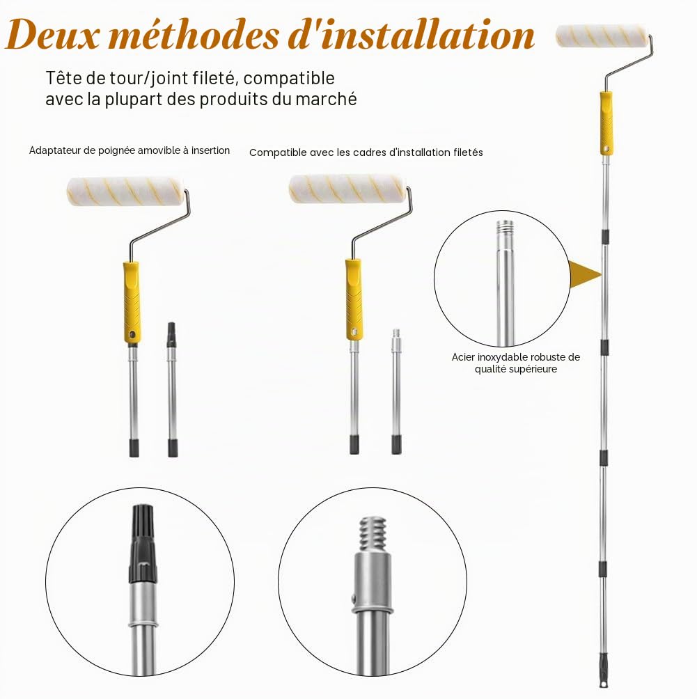 Yuragim Barre télescopique de 3,6 m - Barre d'extension en 9 pièces - Barre télescopique - En acier inoxydable - Pour rouleau de peinture, rouleaux de peinture, outils de peinture, manche télescopique