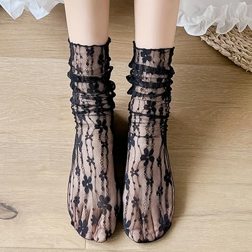 1pair Women Fashion Summer Hollow Out Crew Socks Soft Fresh Lace Flower Chic Sock Ladies Breathable Mesh Thin