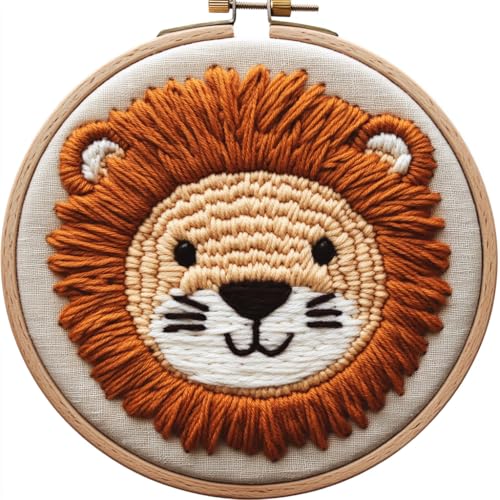 Punch Needle Kits Cute Lion Face Easy for Beginners DIY Punch Needle Yarn Starter Embroidery Set for Craft Lovers with Printed Pattern and Hoop for Home Decor 20x20cm(3)