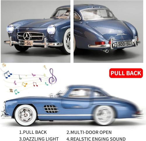 Image of Benz 300 SL Classic Car Model Zinc Alloy Pull Back Toy Car with Sound & Light, for Kids, Boys & Girls, Ages 3+ (Blue)