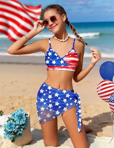 Image of Girls Swimsuit V Neck Bikini Set Color Block with Cover Up 3Pcs Bathing Suits