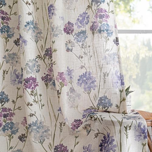 Image of MYSKY HOME Floral Linen Curtains 84 inch Long 2 Panels Set for Living Room Semi Sheer Light Filtering Privacy Protect Farmhouse Grommet Drapes, Purple, 52 inch Wide Each Panel, 2 Pcs