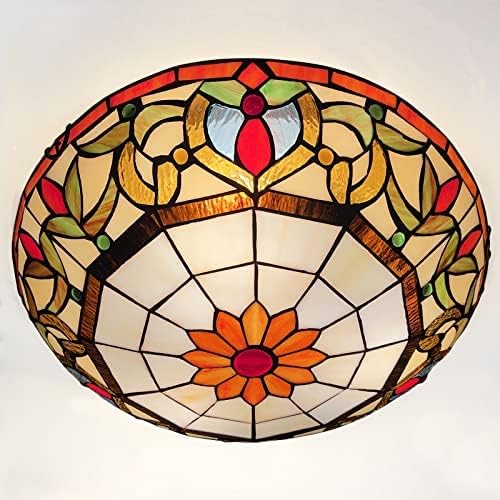ARTZONE Tiffany Ceiling Lights, Stained Glass Ceiling Light 3-Lights 16 Inch Tiffany Flush Mount Ceiling Light Fixture for Bedroom Dining Living Room Entryway Foyer(Orange-Red)