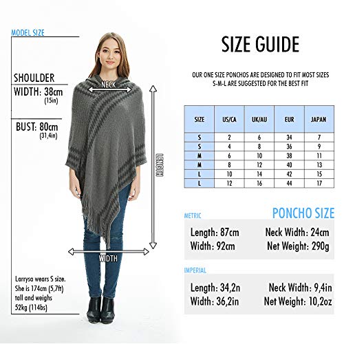 Ferand Chic-cape voor dames, met capuchon, gebreid, zigzagstrepen en franjes - Image 6