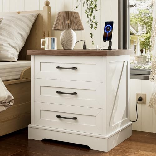 Casaottima Farmhouse Nightstand with Charging Station 24 Inch Bedside Tabe with 3 Drawers Rustic End Table with USB and Outlet for Bedroom & Living Room Rustic White
