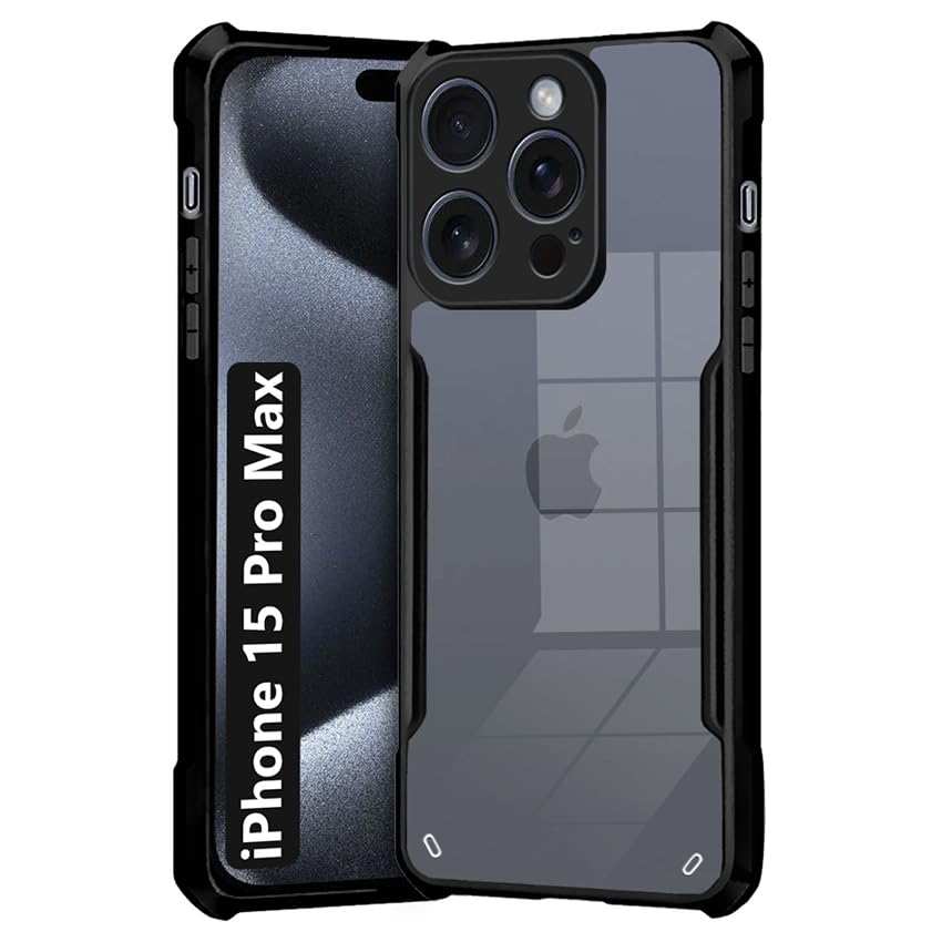 Fashionury Ultra-Hybrid Crystal Clear Back Cover Case for iPhone 15 Pro Max | Total Camera Protection | Shockproof Design | Transparent Back (PC & TPU) iPhone 15 Pro Max (Black Bumper) (B0CK4GZ29M) Amazon Price History, Amazon Price Tracker