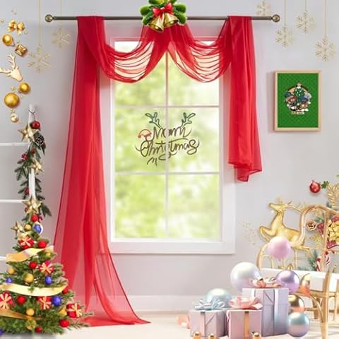 Luvyohmee Red Scarf Valances for Windows - Sheer Window Scarf Valance, 144 Inch Curtain Scarf Swag Curtains, Sheer Valances for Windows Fabric for Draping, Bed Canopy Curtains 52Wx144L Cover
