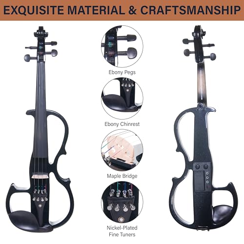 Image of Cecilio Silent Electric Solid Wood Violin Kit with Ebony Fittings, Full Size 4 /4 Electric Violin for Beginner and Professional Musicians, Black Metallic