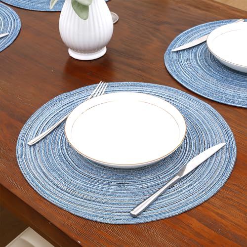 Image of SHACOS Round Braided Placemats Set of 4 Dining Table Placemats 15 inch Circle Place Mats Easy to Clean Table Mats Indoor Outdoor, Blue Gray