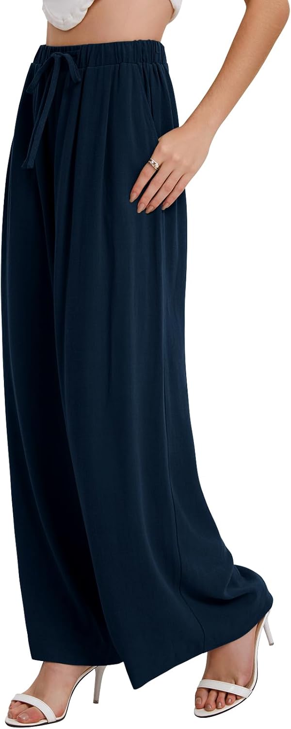 Bloggerlove Linen Palazzo Pants for Women Dressy Summer Wide Leg Flowy Pants Boho Linen Beach Trousers with Pockets - Image 5