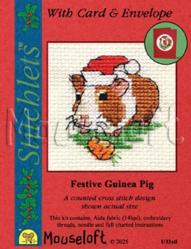 Mouseloft Counted Cross Stitch Christmas Card Kit - Festive Guinea Pig - Includes Card and Envelope