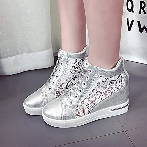 Womenyiaor Platform Hidden Heel Sneaker for Women, Women's Platform Wedge Sneakers Dressy Lace Up Shoes High Heeld High Top Sneakers Fashion Hidden Wedge Tennis Shoes Casual Canvas Shoes4