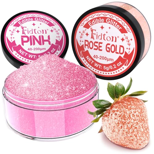 Edible Glitter for Drinks - Fidton 2 Colours Sparkling Edible Cake Decorations Set, edible glitter for cakes, Bakery, Fondant, Drink Glitter for Cocktail, Edible Lustre Dust Rose Gold & Pink- 5 g/each