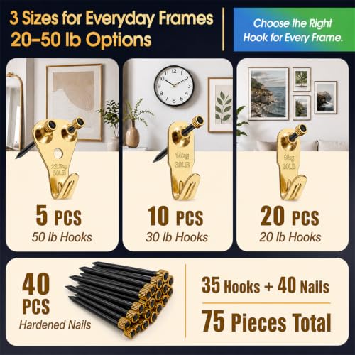 Image of 75-Piece Picture Hangers with Nails for Drywall and Wood, 20-50 lb