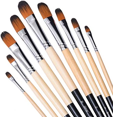 Artist Filbert Paint Brushes Set,9 Pcs Professional Painting Kits with Long Handle Soft Nylon Hair Filbert Brushes for Acrylic Oil Watercolor Gouache