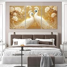 Gueeclk White Peacock Canvas Wall Art, Couple Peacock Canvas Print, Elegant Animal Wall Art, Flower Prints, Gold Accent Decor, Romantic Artwork for Bedroom, Magnolia Home Decor 24" x 36" x 3 pcs