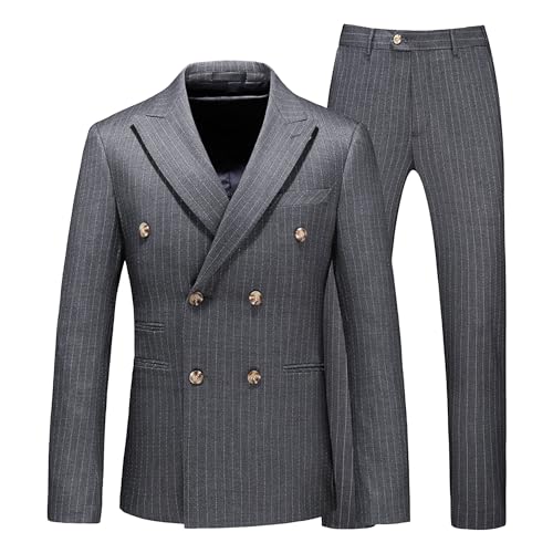 Men's Double Breasted Pinstripe Suit 3 Piece Slim Fit Sport Coat Business Wedding Prom Formal Jacket