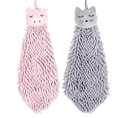 2 Pack Cute Chenille Soft Hanging Hand Towels Funny Cat Pig Absorbent Thick Kitchen＆Bathroom Towel #TOP4