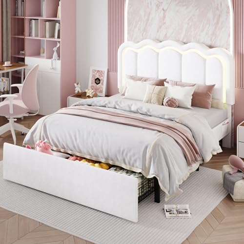 SHA CERLIN Upholstered Full Size Bed Frame with LED Lights and Large Storage Drawer Velvet Platform Bed with Adjustable Wavy Headboard Noise Free Easy Assembly No Box Spring Needed Soft White