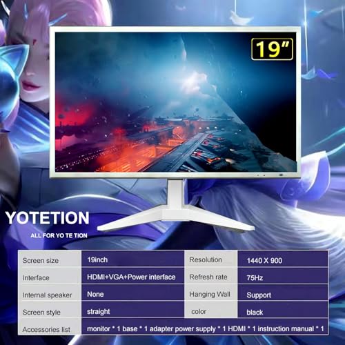 Image of 19-inch Full HD 75Hz Small Thin Monitor for laptops White, Computers and desktops, HD+ 1440 x 900p, Anti-Glare, LED Display, VGA /HDMI Connection