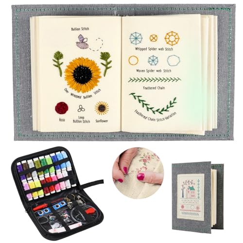 DRADERCH Stickbuch Embroidery Stitch Book Mini DIY-Stichbücher-Set Hochdichtem Leinen Mit Schritt-Anleitungen für 143 Stiche Näh-Übungsleitfaden Für Erwachsene Hobby Basteln Familie Stricken Weben