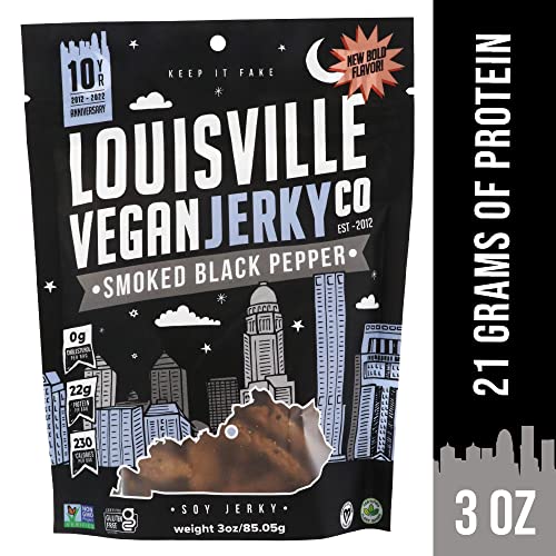 Image of Louisville Jerky Co. Smoked Black Pepper Vegan Jerky, 3 oz, 10-Pack | 5g Protein, Plant-Based Protein Snack, Vegetarian Jerky, Meatless, Savory, Ready-to-Eat, Vegan Beef Alternative, Travel Ready