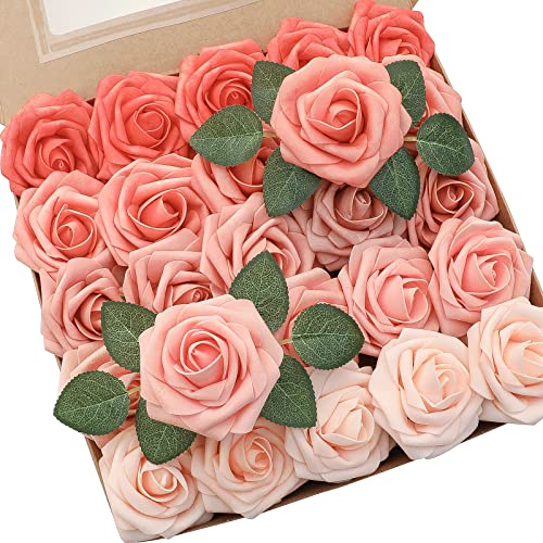 Floroom Artificial Flowers 25pcs Real Looking Coral Ombre Colors Foam