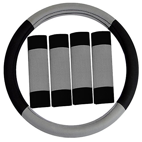 Image of FH Group Universal Fit Modernistic and Seat Belt Pads Combo Set Steering Wheel Cover Fits Most Cars, SUVs Gray