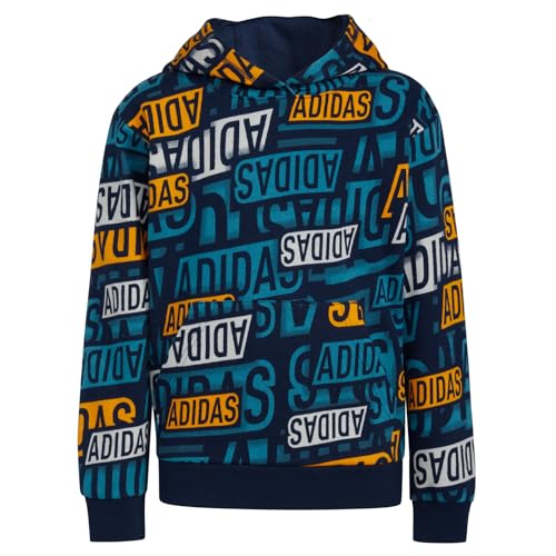 adidas boys Active Sport Athletic Pullover Hooded Sweatshirt, Collegiate Navy with Pulse Aqua, X-Large