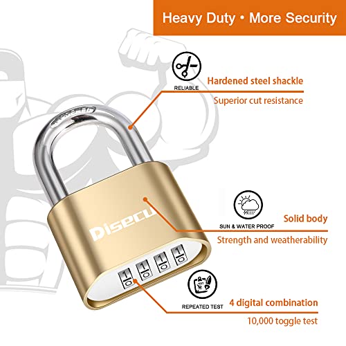Image of 1 Pack disecu 4 Digit Combination Lock, Heavy Duty Outdoor Waterproof Padlock for School Gym Locker, Fence, Gate, Storage Unit, Toolbox (Gold Brass)