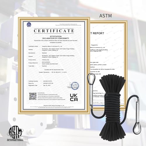 NewDoar 14KN Static Climbing Rope 8mm(5/16in) Accessory Cord Equipment 33FT(10M) 66FT(20M) 98FT(30M) 165FT(50M) Escape Rope with 2 Carabiners for Ice Climbing Equipment Fire Rescue Rope-Black/20M - Image 3