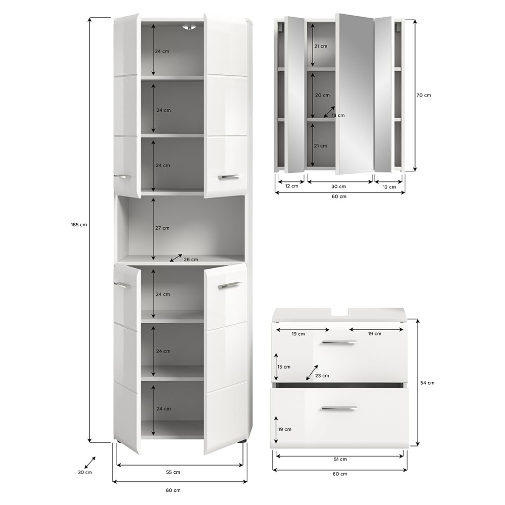 Lomadox Badezimmer Badmöbel-Set 3-teilig in weiß mit weiß Hochglanz, mit 1 Hochschrank, 1 Spiegelschrank mit 3D-Funktion & 1 Waschbeckenschrank