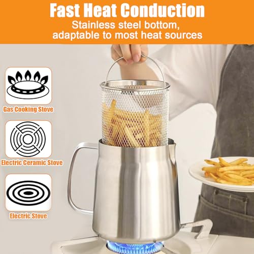 Miniatura 6 de Freidora Acero Inoxidable Con Filtro Malla Fina Cesta, Olla Colador Versátil Tapa Polvo Prueba Engrasadores, Recipiente Cocina Aceite Capacidad Gran Para Grasa, Freír, Cocinar Almacenar 2 L