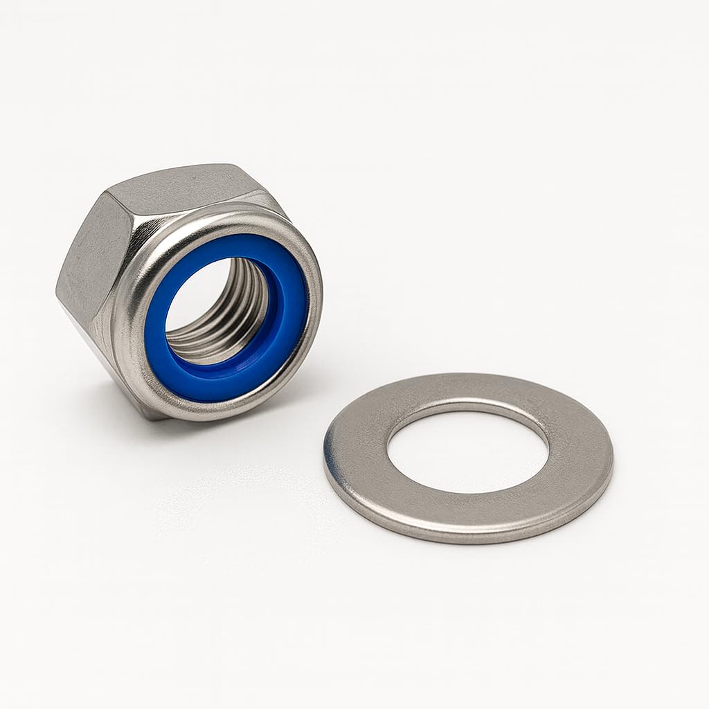Dadi esagonali autobloccanti DIN 985 M8 A2 acciaio inox AISI 304 con rondelle piane DIN 125