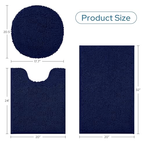 Image of BYSURE Navy Blue Bathroom Rugs Sets 3 Piece with Toilet Lid Cover Non Slip Extra Absorbent Plush Chenille Soft Washable Bath Mats