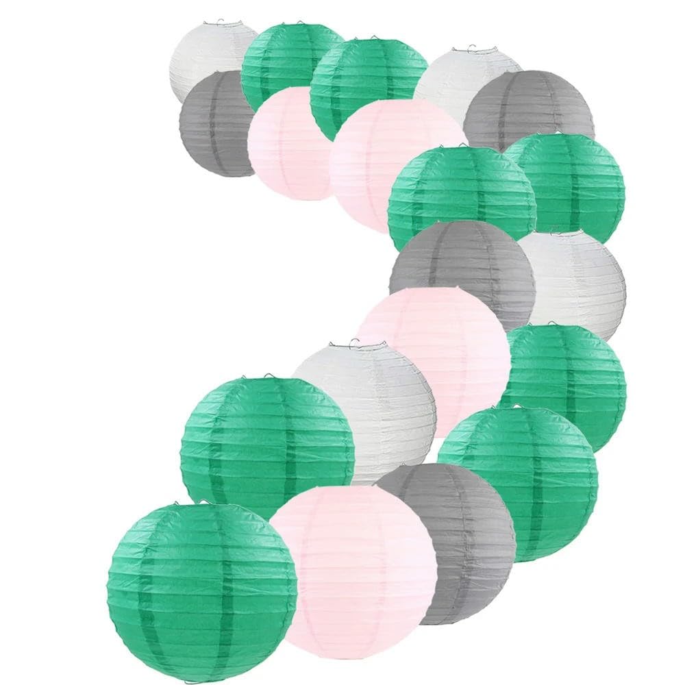 LIUXIN Lot de 20 lanternes en Papier Vertes de Noël avec Boule de lampion Chinoise en Papier Vert foncé, Blanc, Gris, Rose Clair pour décoration de Mariage de Noël
