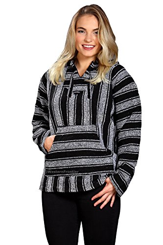 Classic Mexican Baja Hoodie Pullover Poncho (Black & White XL)
