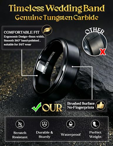 Tungary 8mm Wedding Rings for Men Brushed Matte Tungsten Carbide Wedding Bands Black Silver 18K Gold Plated Engagement Promise Men Ring Size 6-14 - Image 3
